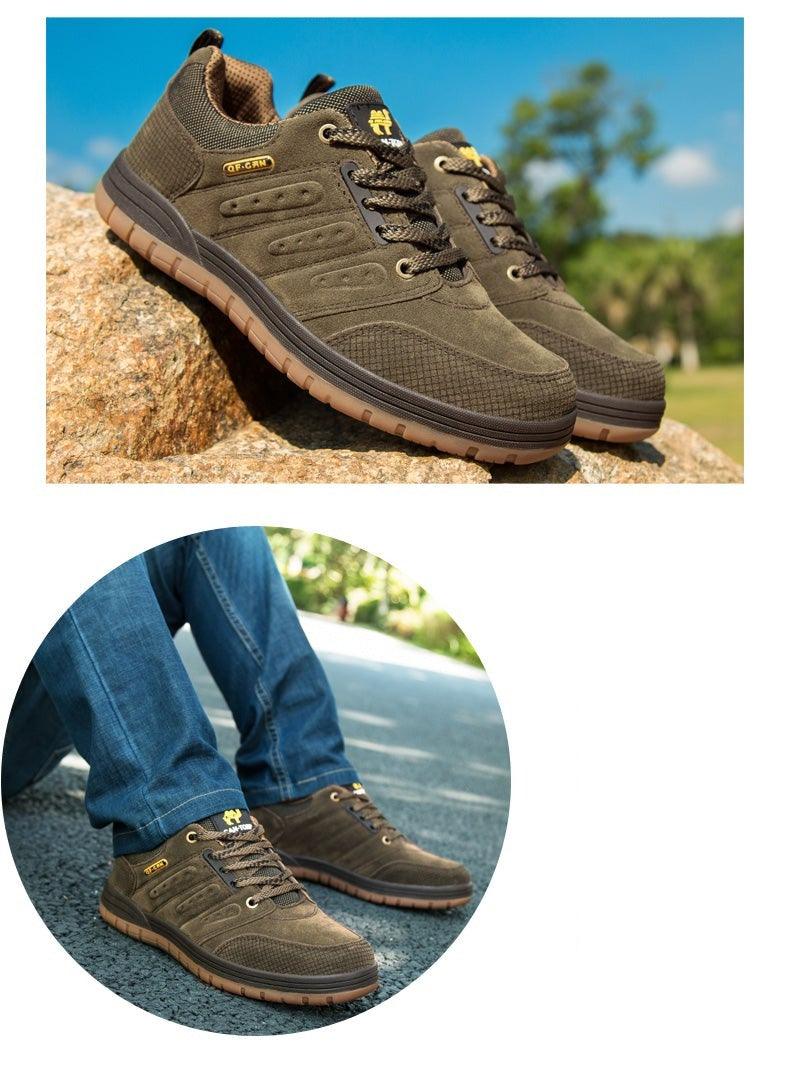 Stevvex hiking shoes olive-brown suede upper, lace-up design with rugged tan outsole, pair shown on Tampa Home & Garden Store