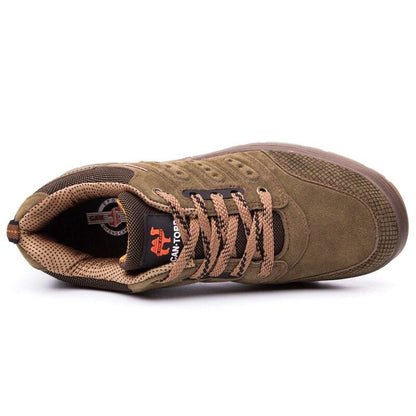 Hiking shoes for men brown olive suede upper with tan laces, low-cut outdoor athletic footwear on Tampa Home & Garden Store