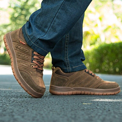 Mens brown suede hiking shoes with lace-up design and rugged gum outsole on Tampa Home & Garden Store