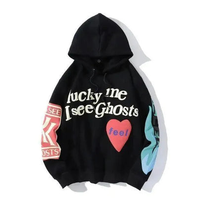 Stevvex black hoodie with white lucky me I see ghosts print, unisex hooded sweatshirt on Tampa Home & Garden Store