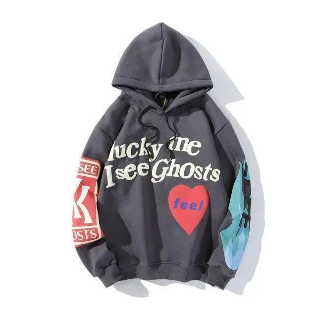Stevvex hoodie ST12HF885DEW with Ghosts graphic, black-gray pullover, red heart and sleeves on Tampa Home & Garden Store