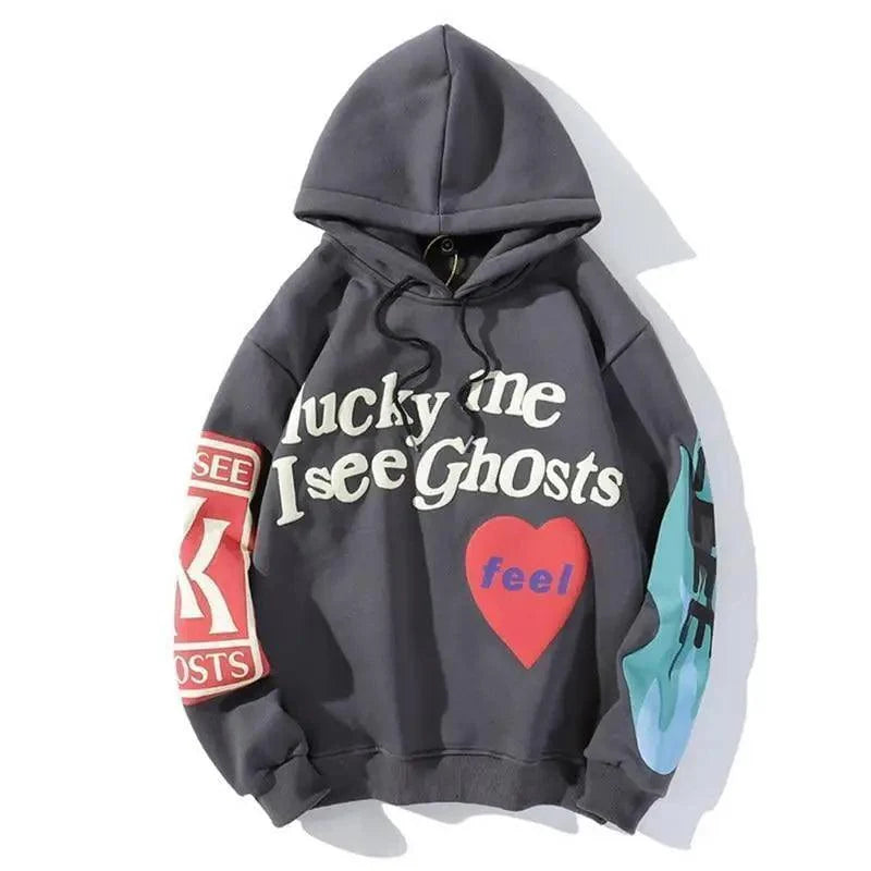 Stevvex ST12HF885DEW gray hoodie with graphic Lucky me I See Ghosts, heart print and sleeve art on Tampa Home & Garden Store