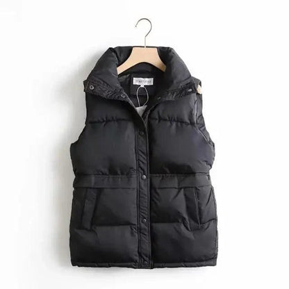 Stevvex women's black padded vest with stand collar, hip-length, front snap placket on Tampa Home & Garden Store