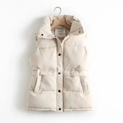 Stevvex beige padded long vest with stand collar, front button closure and two side pockets on Tampa Home & Garden Store