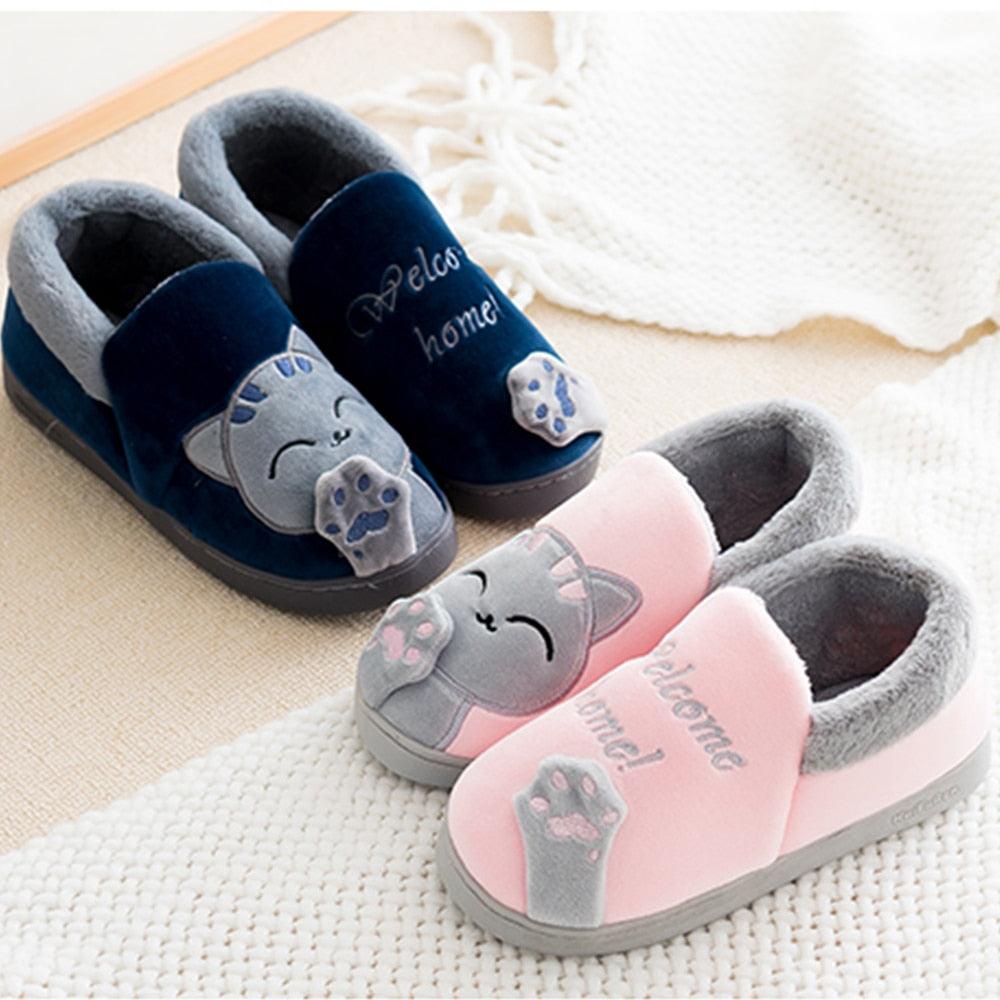 Stevvex couples cat slippers memory foam fleece navy blue and pink with gray lining 2 pairs on Tampa Home & Garden Store
