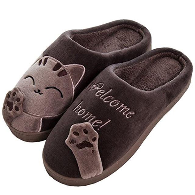 Stevvex cat slippers pair dark brown plush with cat face and memory foam indoor house shoes on Tampa Home & Garden Store