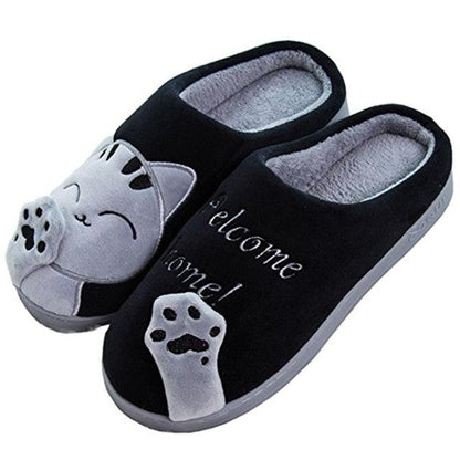Stevvex black plush cat slippers pair with paw and face, memory foam, non-slip indoor shoes on Tampa Home & Garden Store