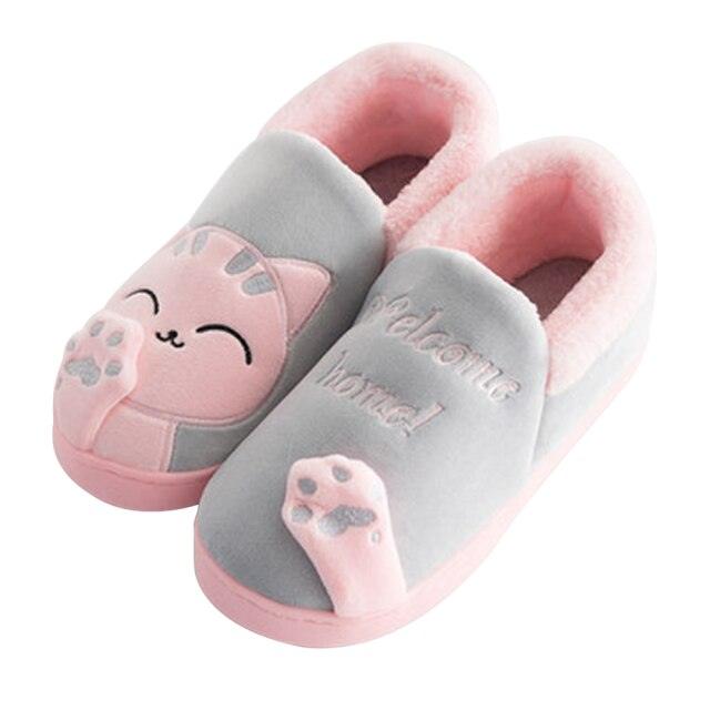 Stevvex cat-themed women's memory foam house slippers gray with pink plush lining and paw toes on Tampa Home & Garden Store