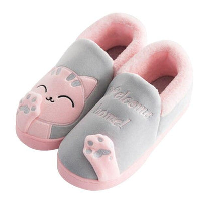 Stevvex cat-themed women's memory foam house slippers gray with pink plush lining and paw toes on Tampa Home & Garden Store