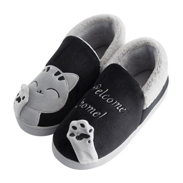 Stevvex cat slippers for women, black with gray paw accents, memory foam plush indoor shoes on Tampa Home & Garden Store