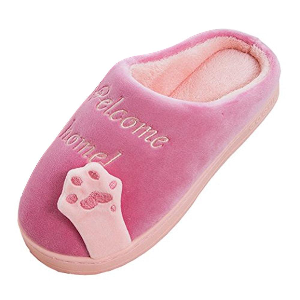 Women's pink fuzzy memory-foam cat slippers with paw print and welcome home embroidery on Tampa Home & Garden Store