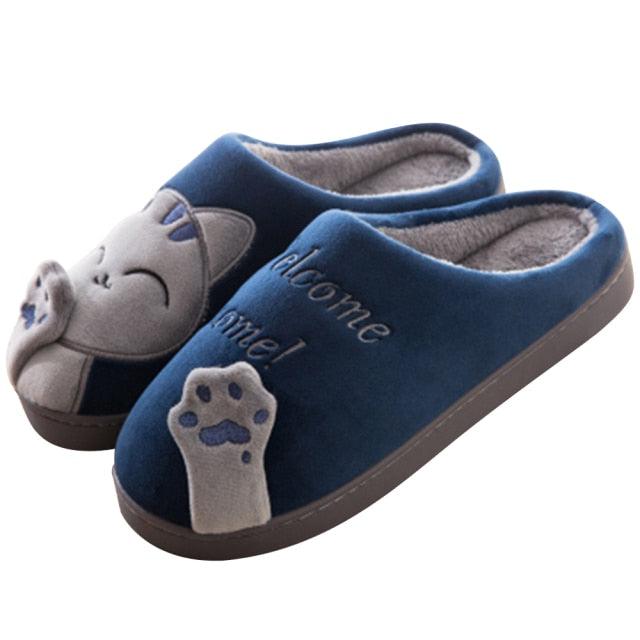 Cat slippers Stevvex blue memory-foam indoor shoes for women with fuzzy fleece pair on Tampa Home & Garden Store