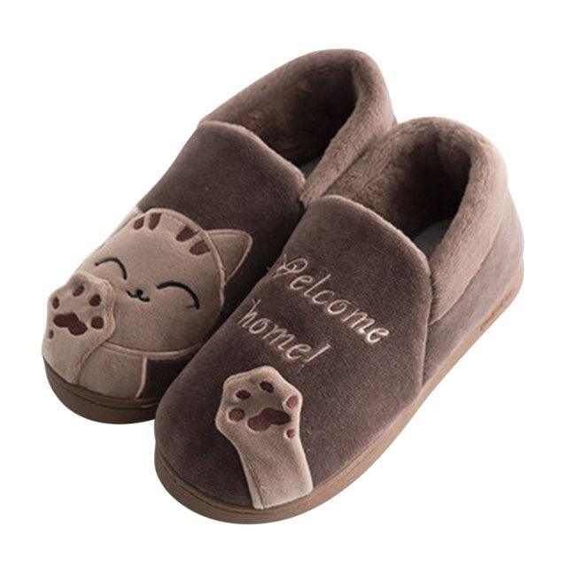 Women's cat-face plush memory foam slippers, brown fuzzy slip-ons with paw embroidery on Tampa Home & Garden Store