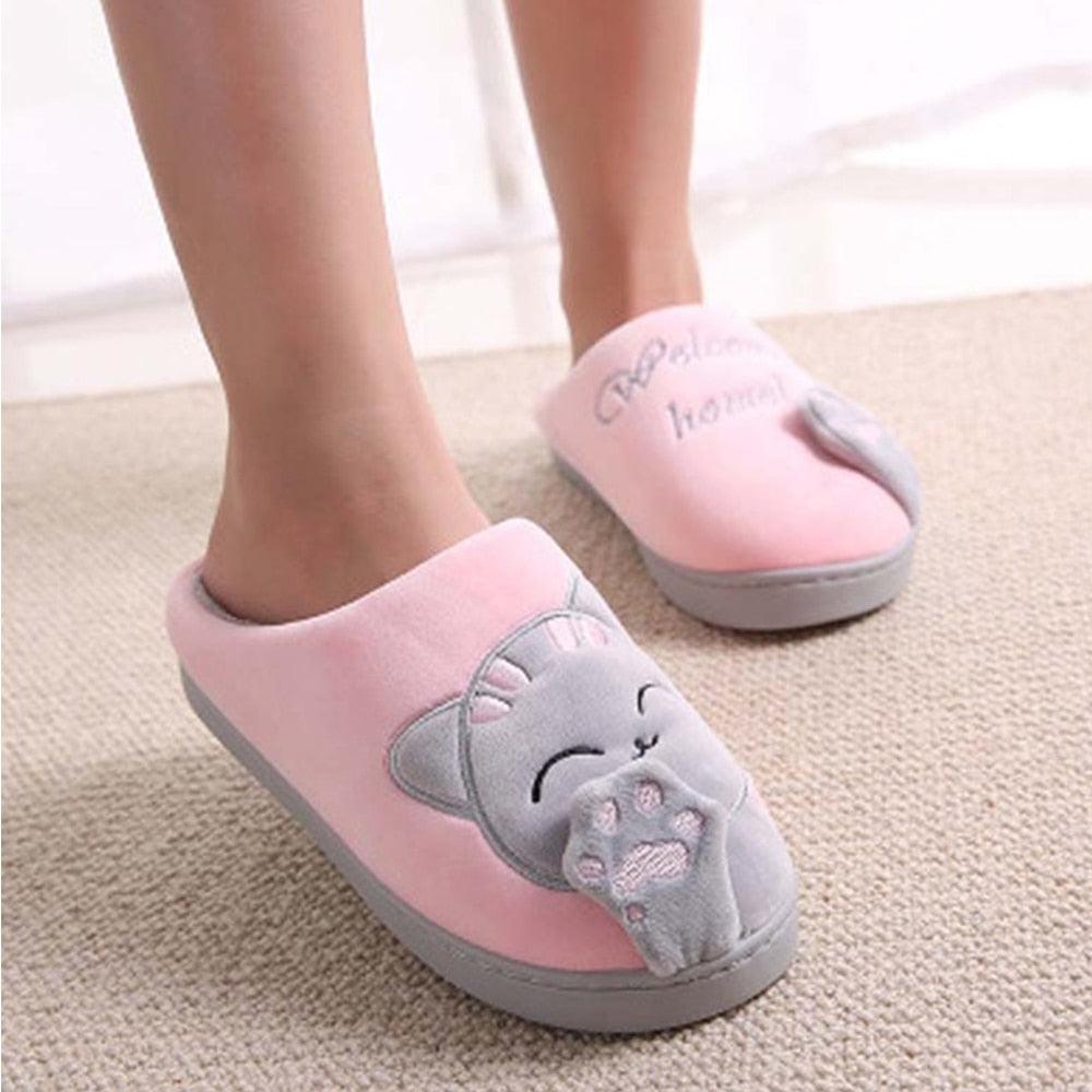Stevvex cat-face pink gray memory foam fuzzy slippers for women indoor slip-ons pair on Tampa Home & Garden Store