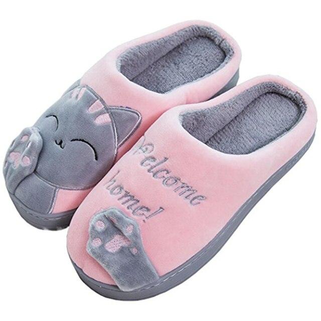 Cat-themed memory foam house slippers by Stevvex for women, pink fuzzy warm slip-ons on Tampa Home & Garden Store