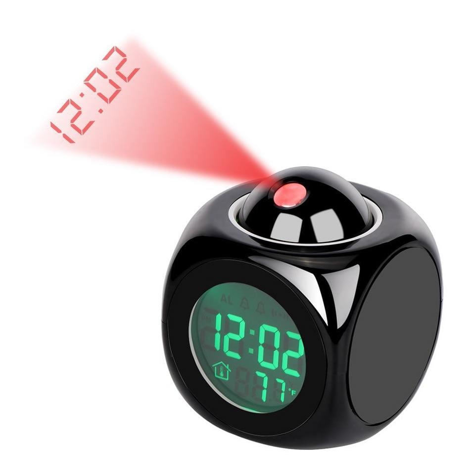 Stevvex STCC895GVH alarm clock projection, black cube body, green LED time/temperature display on Tampa Home & Garden Store