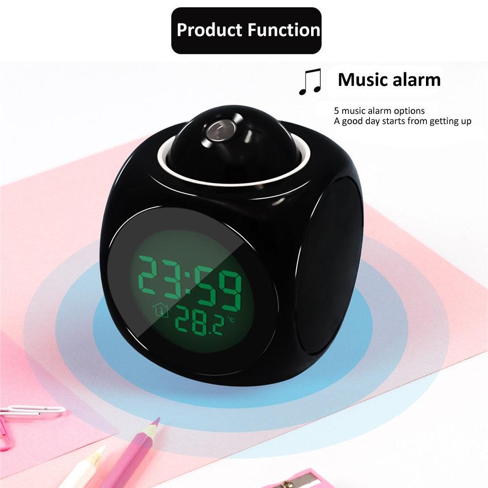 Stevvex black glossy projection alarm clock with LED time display and top projector on Tampa Home & Garden Store