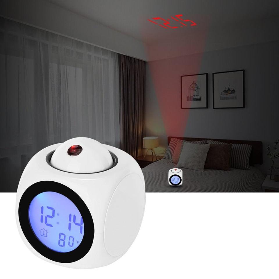 2 white Stevvex projection alarm clocks with blue LED time temp display and ceiling projection on Tampa Home & Garden Store