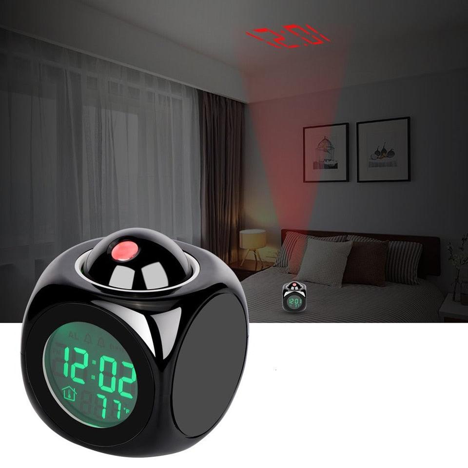 Stevvex black spherical projection alarm clock with green LED time display and red button on Tampa Home & Garden Store