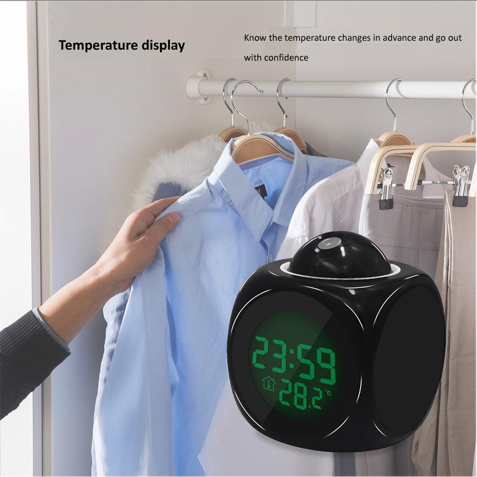 Stevvex black projection alarm clock with green LED time and temperature display on Tampa Home & Garden Store