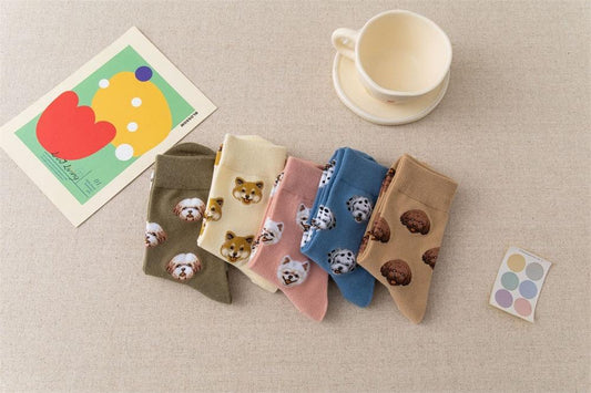 Stevvex dog print crew socks set, 6 pairs in olive, cream, yellow, pink, blue, beige on Tampa Home & Garden Store