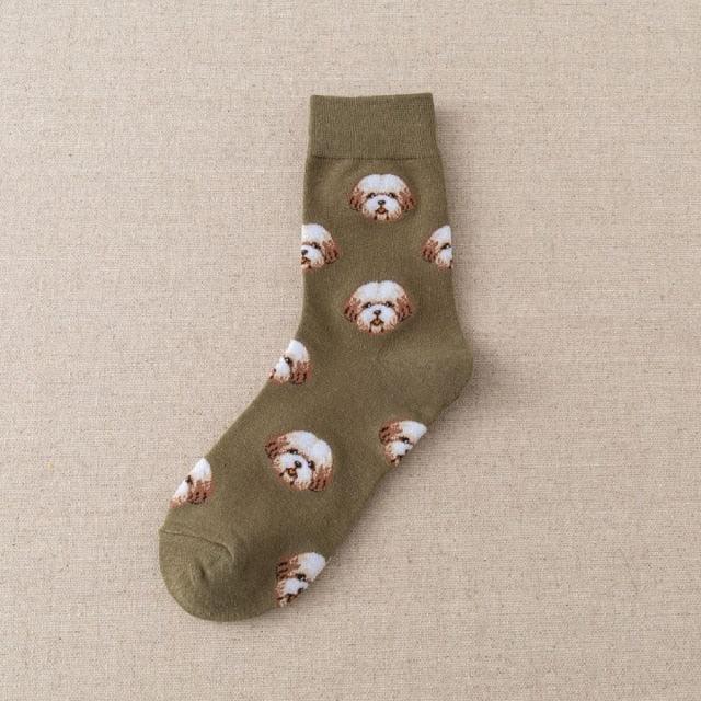 Stevvex crew socks olive green cotton with cute Pomeranian teddy faces, unisex on Tampa Home & Garden Store