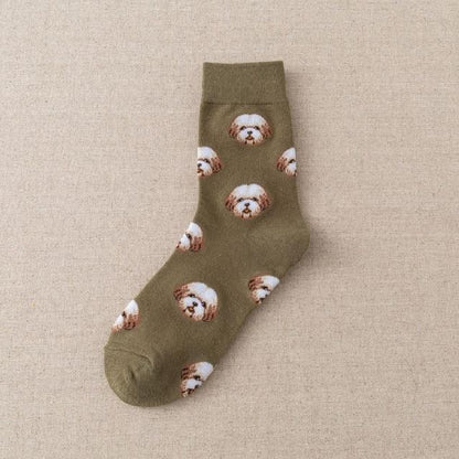 Stevvex crew socks olive green cotton with cute Pomeranian teddy faces, unisex on Tampa Home & Garden Store
