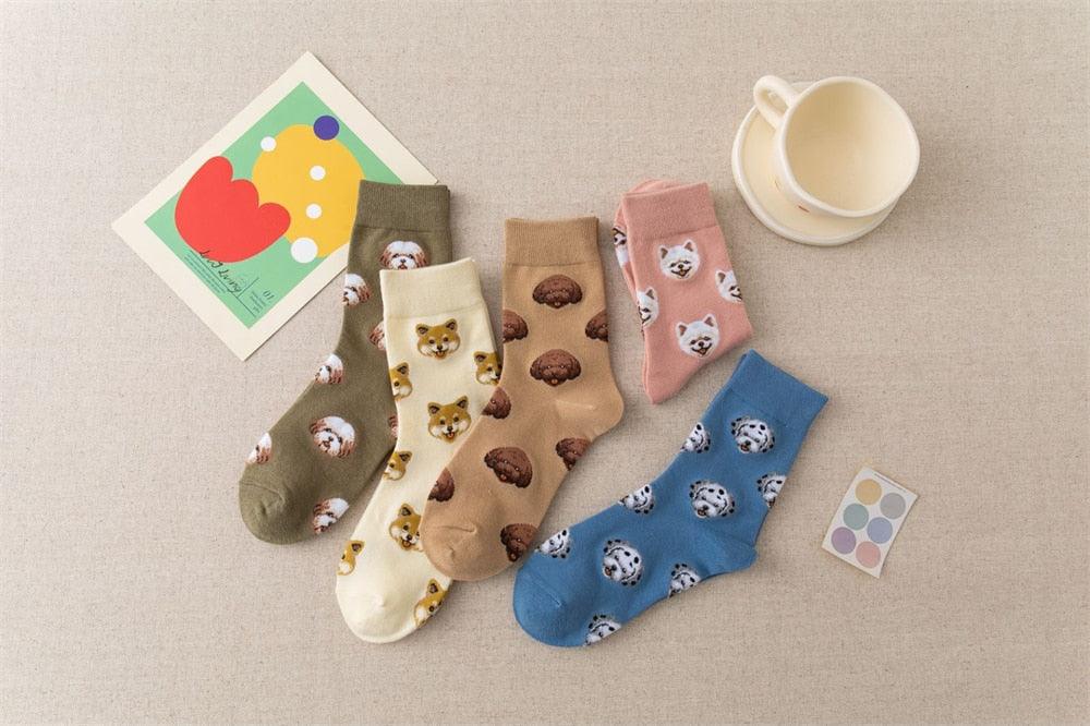 Cartoon Dog Tube Socks 5-pair olive green beige brown pink blue cotton by Stevvex on Tampa Home & Garden Store