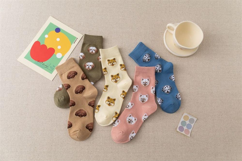 Stevvex cartoon dog crew socks set with 6 pairs in beige olive cream pink blue on Tampa Home & Garden Store