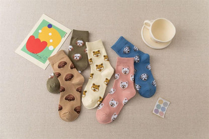 Stevvex cartoon dog crew socks set with 6 pairs in beige olive cream pink blue on Tampa Home & Garden Store