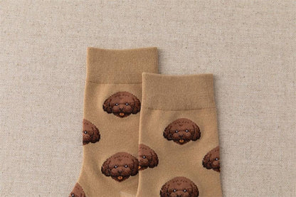 Pair of beige cartoon dog pattern crew socks with brown fluffy dog faces, cotton blend, unisex on Tampa Home & Garden Store