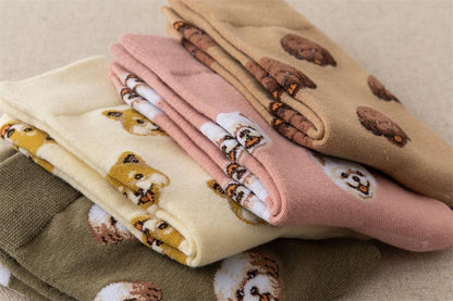 Stevvex 5-pair crew socks with cute cartoon dog faces in cream pink beige brown cotton unisex on Tampa Home & Garden Store