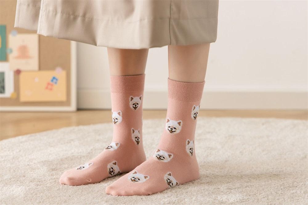 New cute cartoon dog middle tube cotton socks pink pair with faces, Stevvex unisex crew socks on Tampa Home & Garden Store