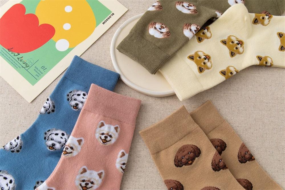 Stevvex dog print crew socks 4-pair set in blue pink beige cream cotton unisex mid-tube socks on Tampa Home & Garden Store