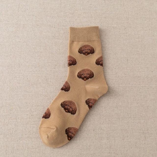 Stevvex beige crew socks with cute cartoon dog pattern, cotton warm unisex mid-calf design on Tampa Home & Garden Store