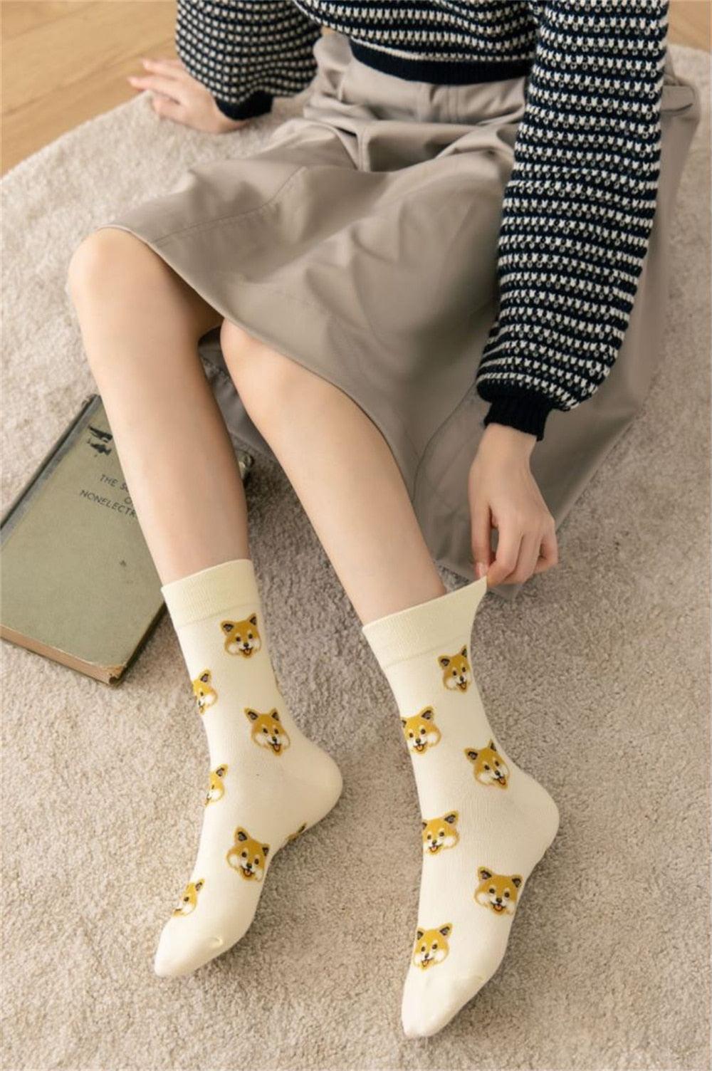 Stevvex crew socks with cute Shiba Inu dog faces on cream background, unisex cotton on Tampa Home & Garden Store