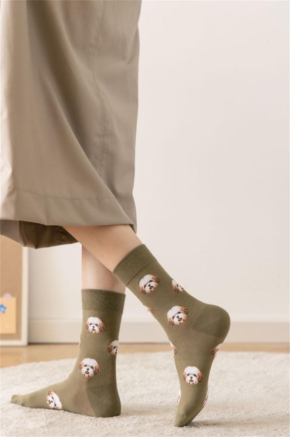 Stevvex crew socks olive green cotton blend with Pomeranian dog faces pattern unisex mid-calf on Tampa Home & Garden Store