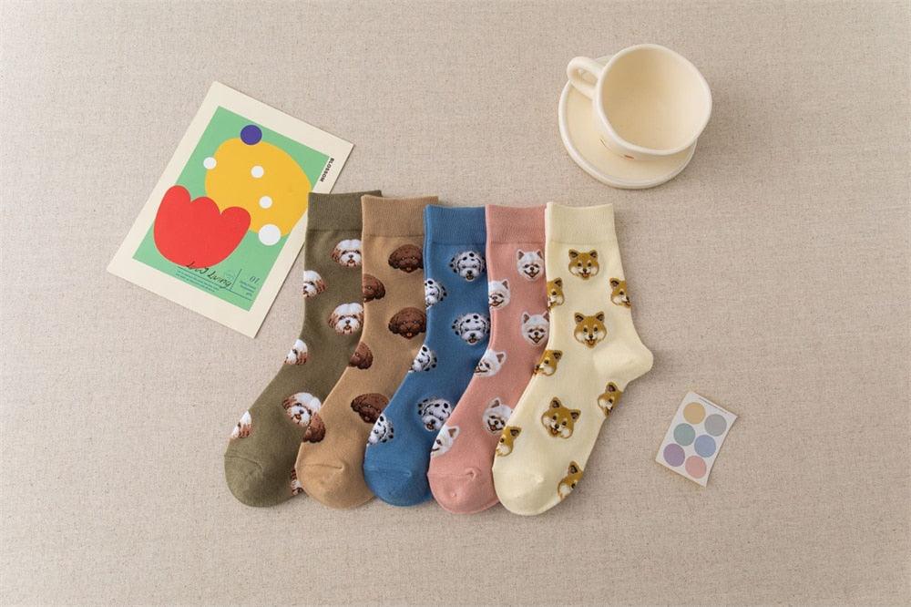 Stevvex dog-pattern crew socks set of six in olive taupe blue pink cream beige cotton unisex socks on Tampa Home & Garden Store