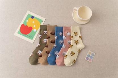 Stevvex dog-pattern crew socks set of six in olive taupe blue pink cream beige cotton unisex socks on Tampa Home & Garden Store