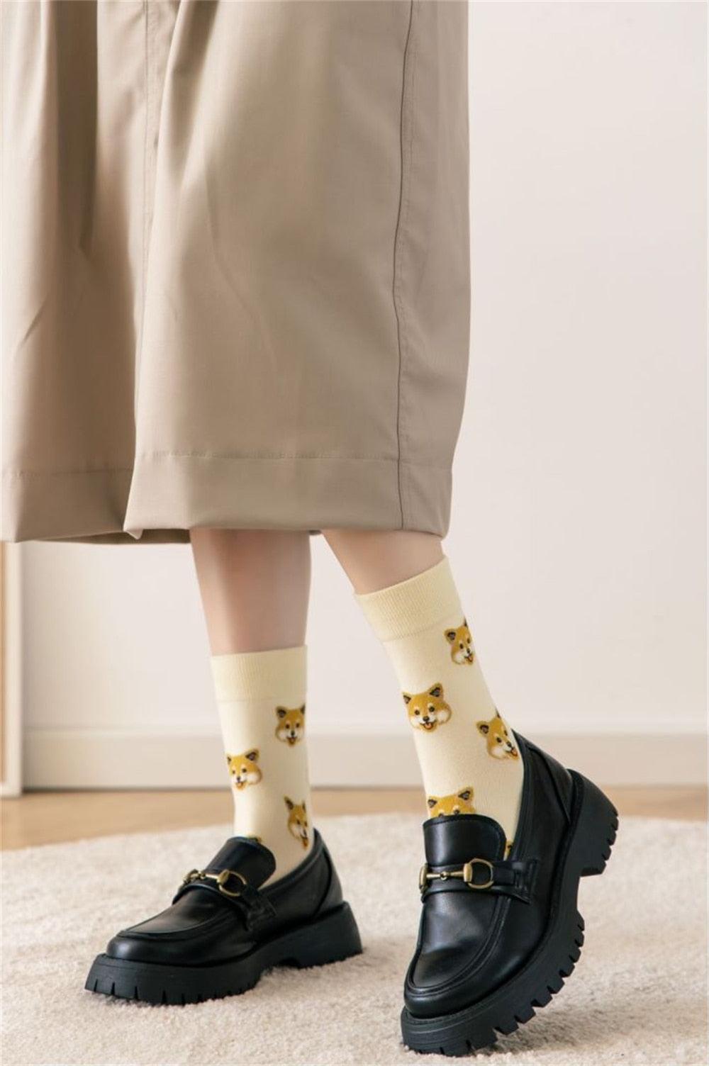 Stevvex crew socks cute cartoon dog mid tube socks, cream with dog face print, unisex on Tampa Home & Garden Store