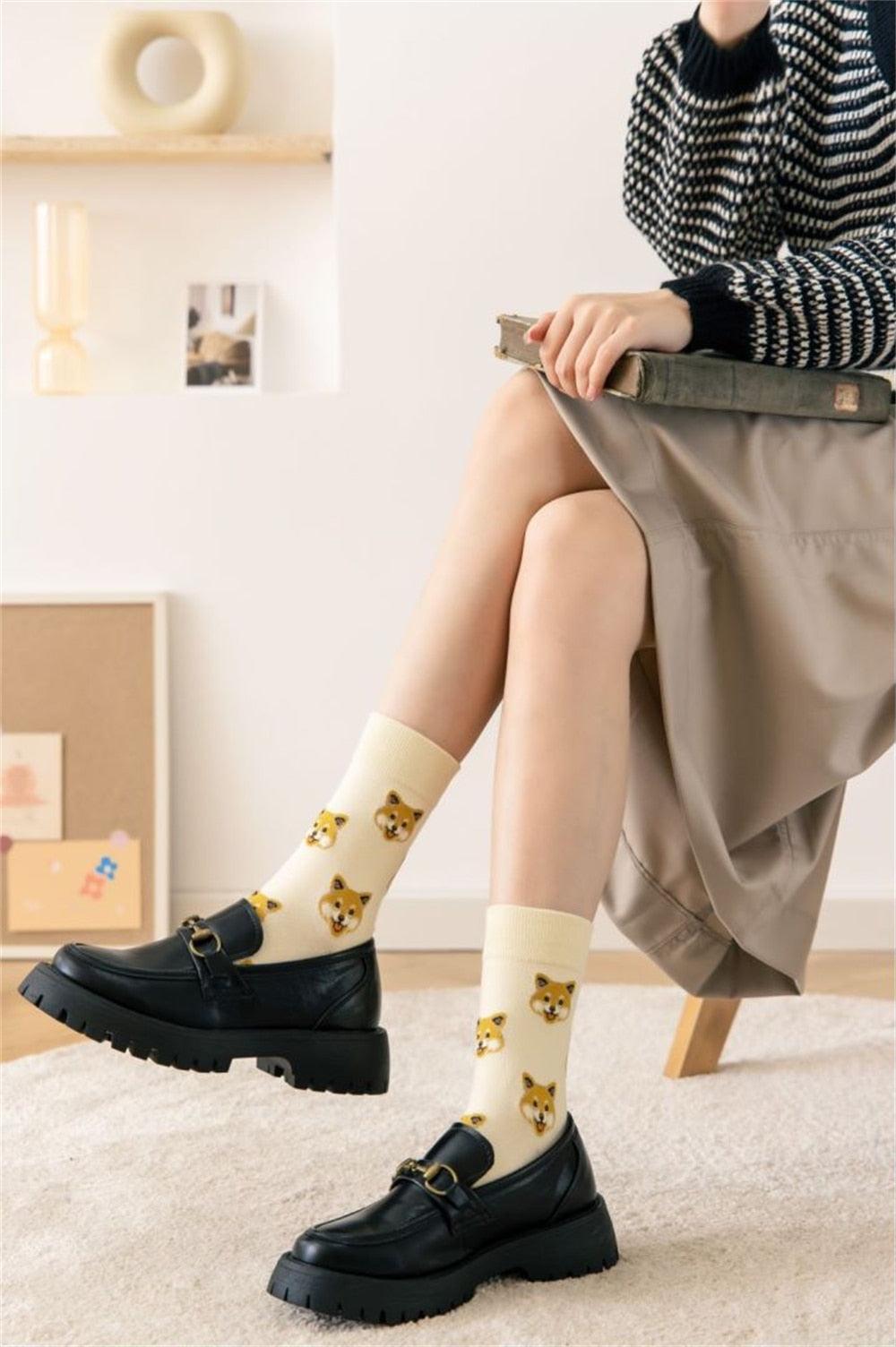 Stevvex crew socks cream with Pomeranian faces mid-calf length on Tampa Home & Garden Store