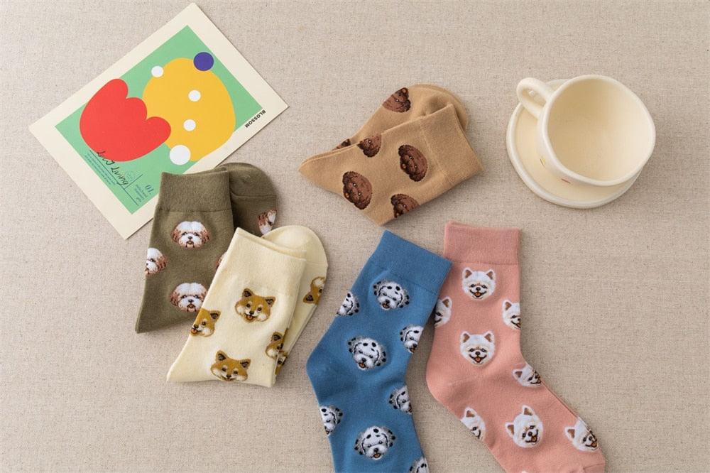 Stevvex crew socks with cute cartoon dog faces in olive, beige, blue, pink cotton unisex on Tampa Home & Garden Store