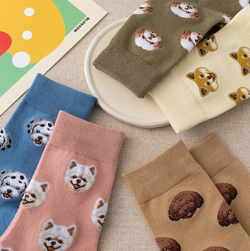 Stevvex crew socks set of 6 with cute cartoon dog faces in pastel pink, blue, beige on Tampa Home & Garden Store