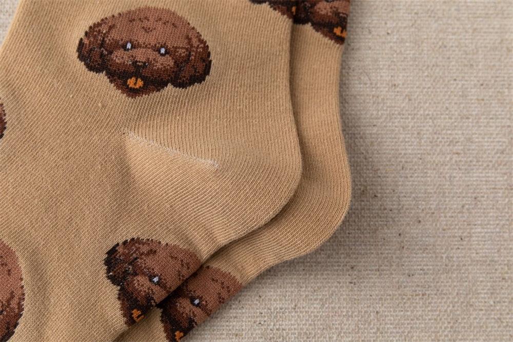 Stevvex cute cartoon dog crew socks in tan cotton with Pomeranian pattern, unisex on Tampa Home & Garden Store