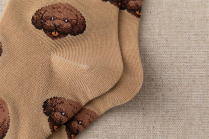 Stevvex cute cartoon dog crew socks in tan cotton with Pomeranian pattern, unisex on Tampa Home & Garden Store
