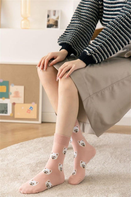 Cute cartoon dog crew socks pink with white dog faces Stevvex cotton unisex on Tampa Home & Garden Store