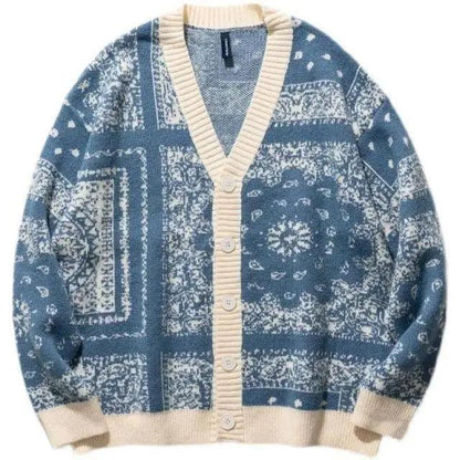 Cardigan by Stevvex in blue pattern with beige ribbed trim, button front, women's knit on Tampa Home & Garden Store