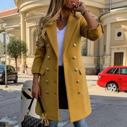 Mustard-yellow faux wool-blend long coat, double-breasted with gold-tone buttons on Tampa Home & Garden Store