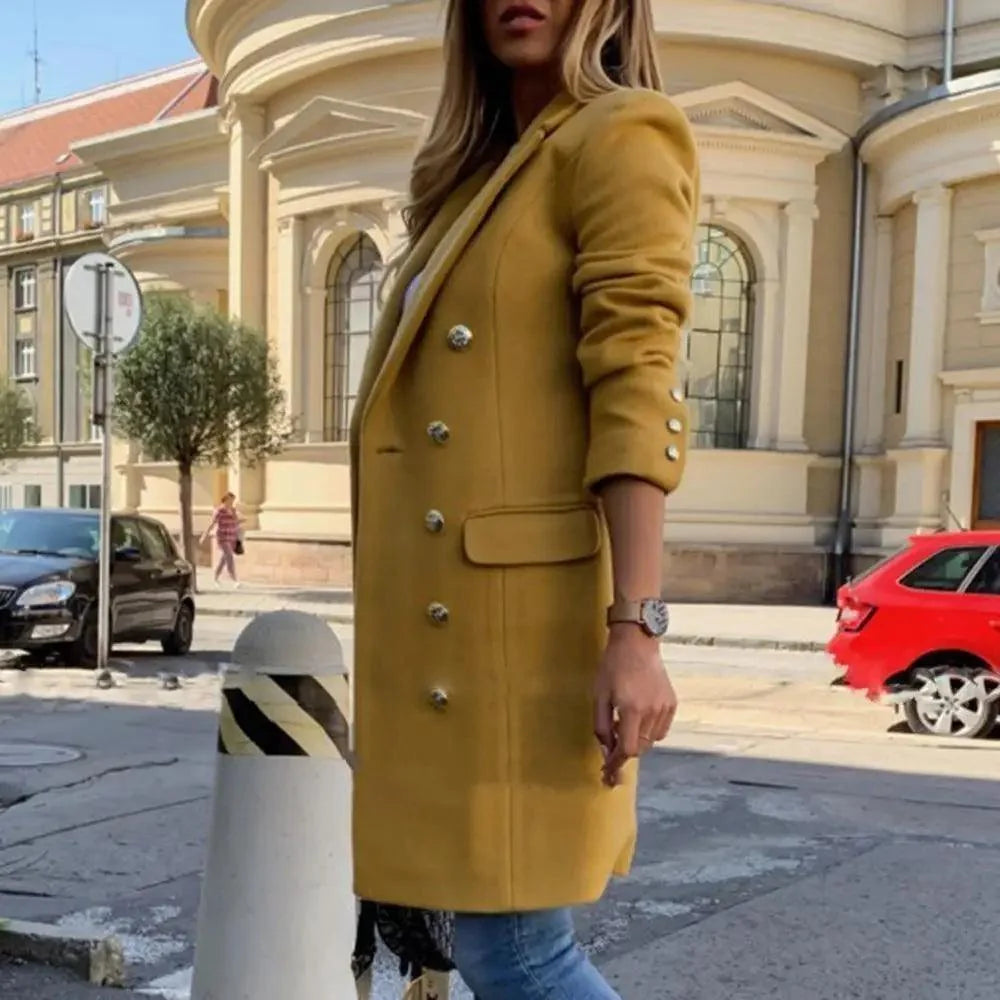 New Dazzling Faux Wool Blends Women's Long Coat mustard doublebreasted with collar Stevvex on Tampa Home & Garden Store