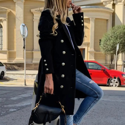 Stevvex black faux-wool long coat double-breasted with silver buttons collar elegant overcoat on Tampa Home & Garden Store